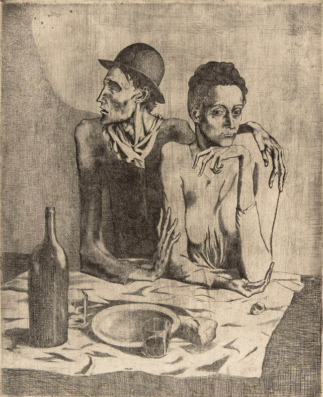 The Frugal Meal (La Suite des saltimbanques), 1904. Etching and scraper; zinc foil stamping on a Van Gelder Zonen wove paper; 660 x 510 mm (paper), 463 x 377 mm (print). Madrid, Museum of the San Fernando Royal Academy of Fine Arts, OG-0001. Copyright Succession Pablo Picasso, VEGAP, Madrid, 2022