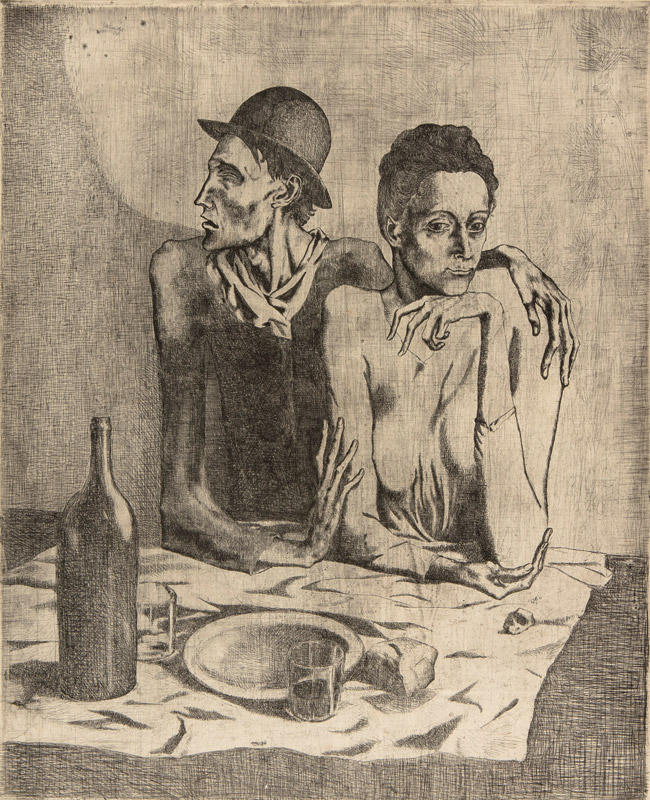 La comida frugal (Serie Suite des Saltimbanques), 1904. Aguafuerte y rascador; estampación de lámina de zinc sobre papel avitelado con la filigrana Van Gelder Zonen; 660 x 510 mm (papel), 463 x 377 mm (huella). Madrid, Museo de la Real Academia de Bellas Artes de San Fernando, OG-0001. Copyright © Sucesión Pablo Picasso, VEGAP, Madrid, 2022